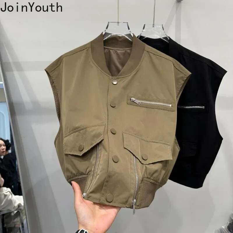 2025 Women Clothing Fashion Vest Patchwork Zipper Sleeveless Waistcoat Korean Casual Tanks Crop Tops Chalecos Para Mujer 27r575