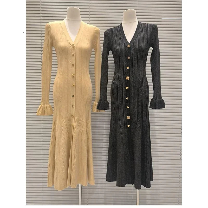 Knitted Mid-Length Dress Women Long Sleeve Ribbed Party Dresses Elegant Lady Knitwear 5240175 250617
