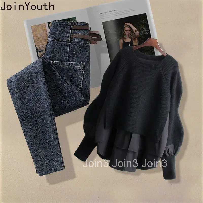 Fall Winter Clothes Fashion Two Piece Sets Women Patchwork Knit Pullovers Slim Fit Denim Pants Outfits Casual Korean Y2k Suit
