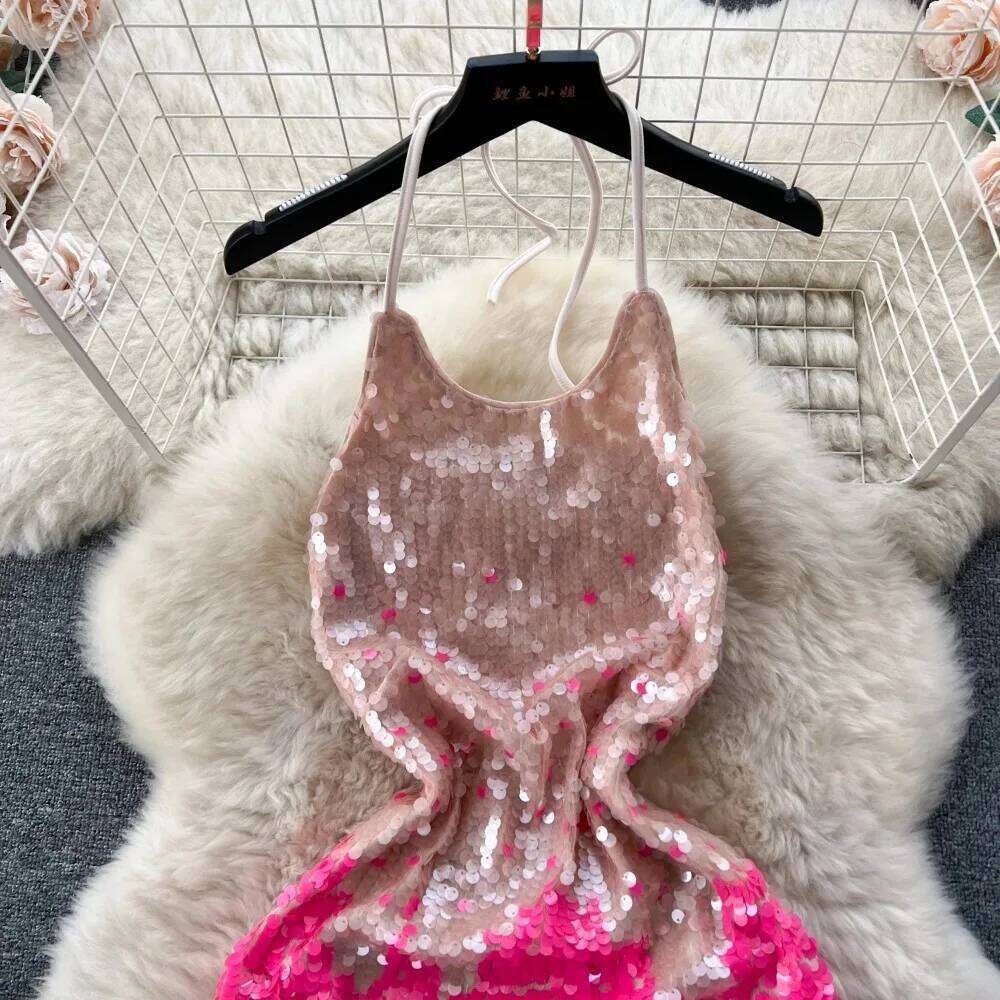 Halter Sleeveless Gradient Sequin Basic Hollow Backless Fashion Sexy Chic Elegant Party Vestidos Slim Women Dress