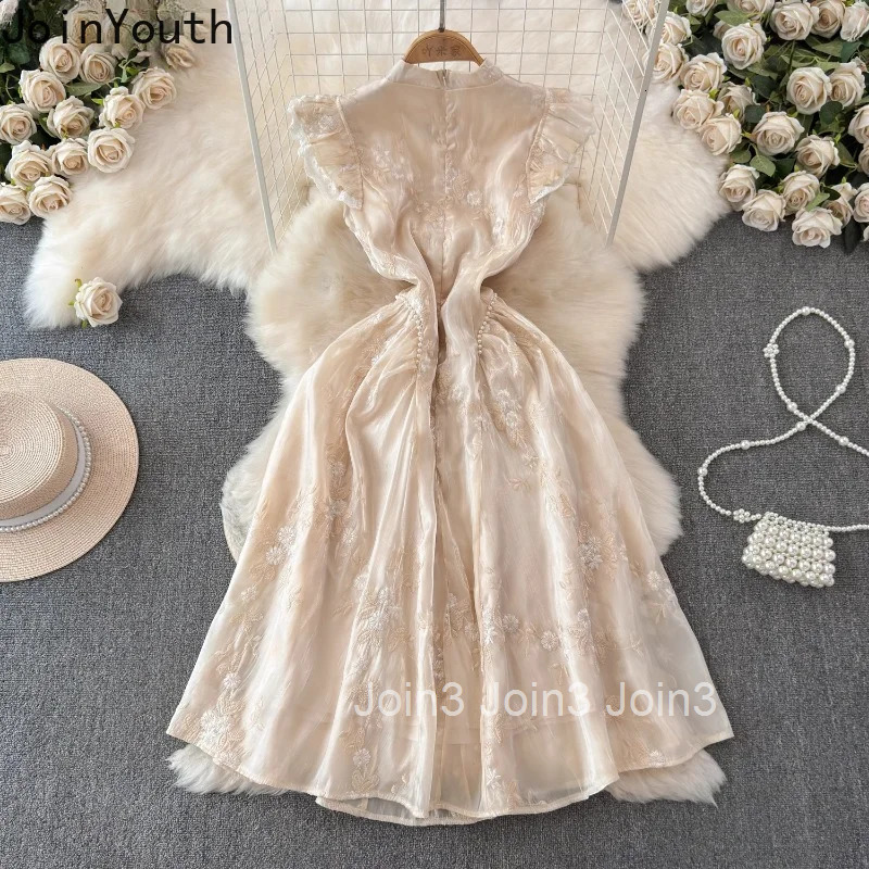 Vintage Womens Dress Heavy Beading Embroidery Vestidos Mujer Temperament Flying Sleeve Robe Femme Chic Beading Summer Dresses