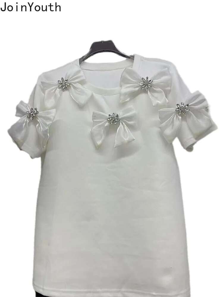 Women Clothes Summer T Shirts Beading 3D Floral Sweet Tees 2025 Ropa Mujer Casual Chic Tshirt Tops Short Sleeve O-neck Camisetas