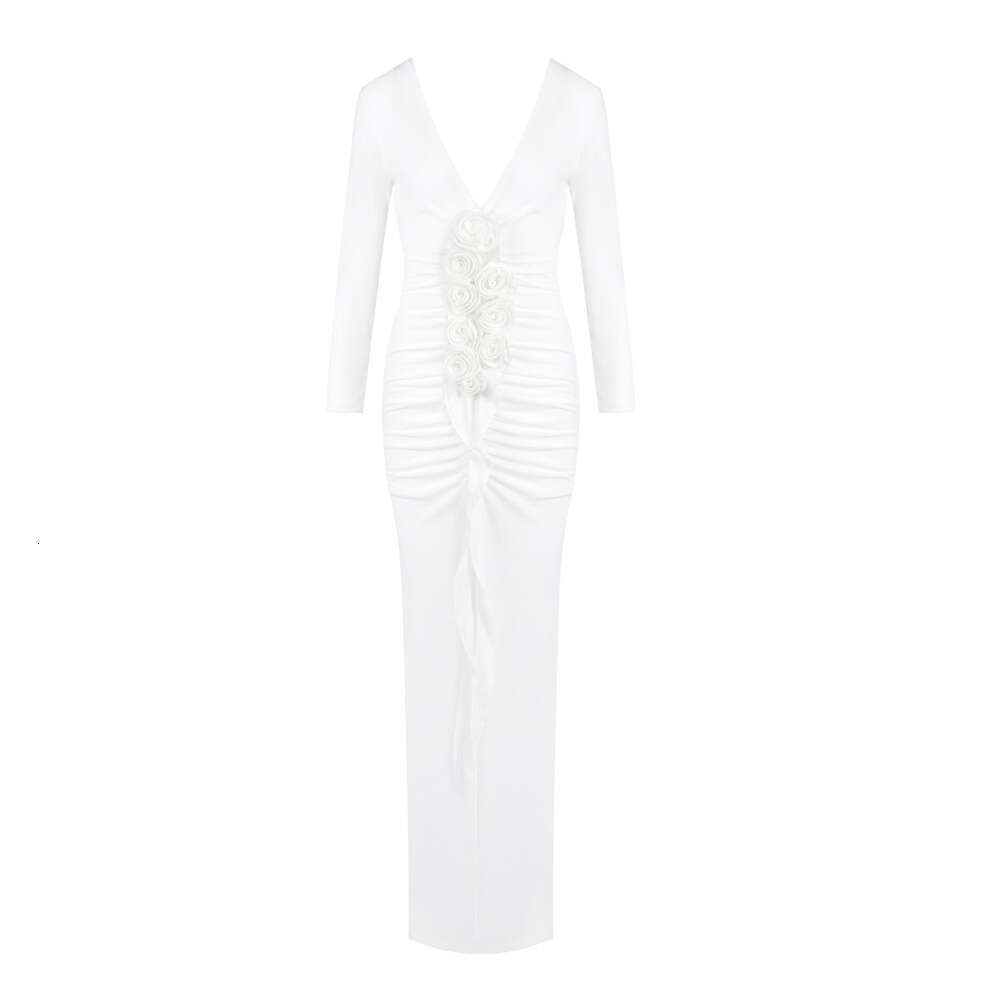 White Skirt Maxi Skirt Women S New Sexy V Neck Three Dimensional Flower Sleeve Draped Pleated Slim Fit Long Dress Gown Long Skirt