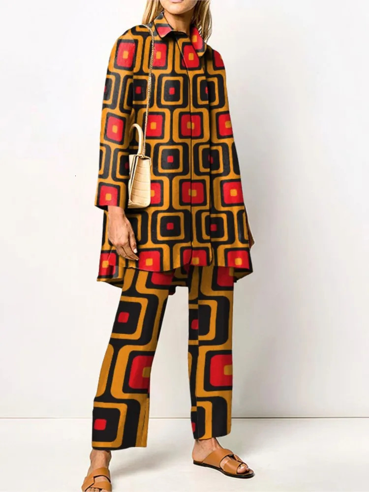 Autumn Vintage Printed Pant Sets Women Long Shirts And Wide Legs Trousers Two Piece Set Fashion Trendy Streetwear Lady Suits 250617