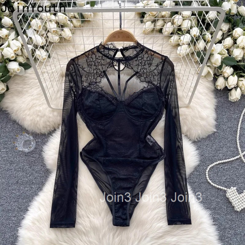 Women Patchwork Lace Sexy Bodysuit See Through Tunic Jumpsuit Hollow Out Fashion Korean Playsuit Y2k Tops Bodysuit Spring Summer