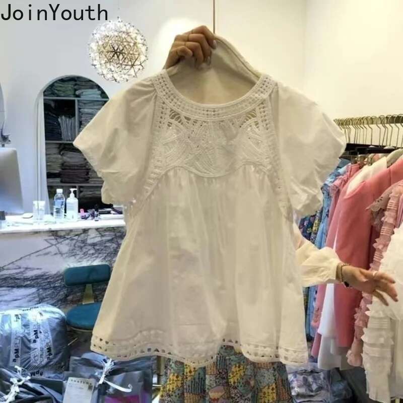 Korean Blouse Women Clothing 2025 Blusas Mujer De Moda O-neck Hollow Out Loose Shirts Vintage Sweet Summer Blouses Tops 7k322