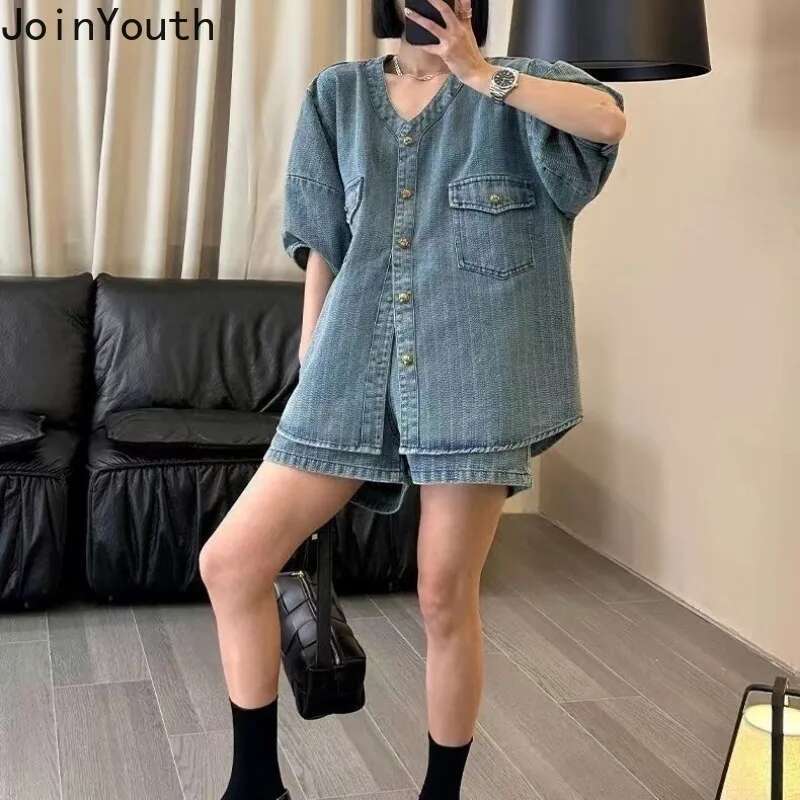 Streetwear Fashion 2 Piece Sets Women Clothing Denim Outfits Oversized Blouses High Waist Wide Leg Pants Suit Vintage Casual Set