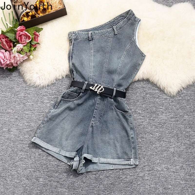 Harajuku Denim Jumpsuit Fashion Summer Rompers Womens Clothing 2025 Off Shoulder Slim Waist Sexy Playsuit Korean Y2k Bodysuit