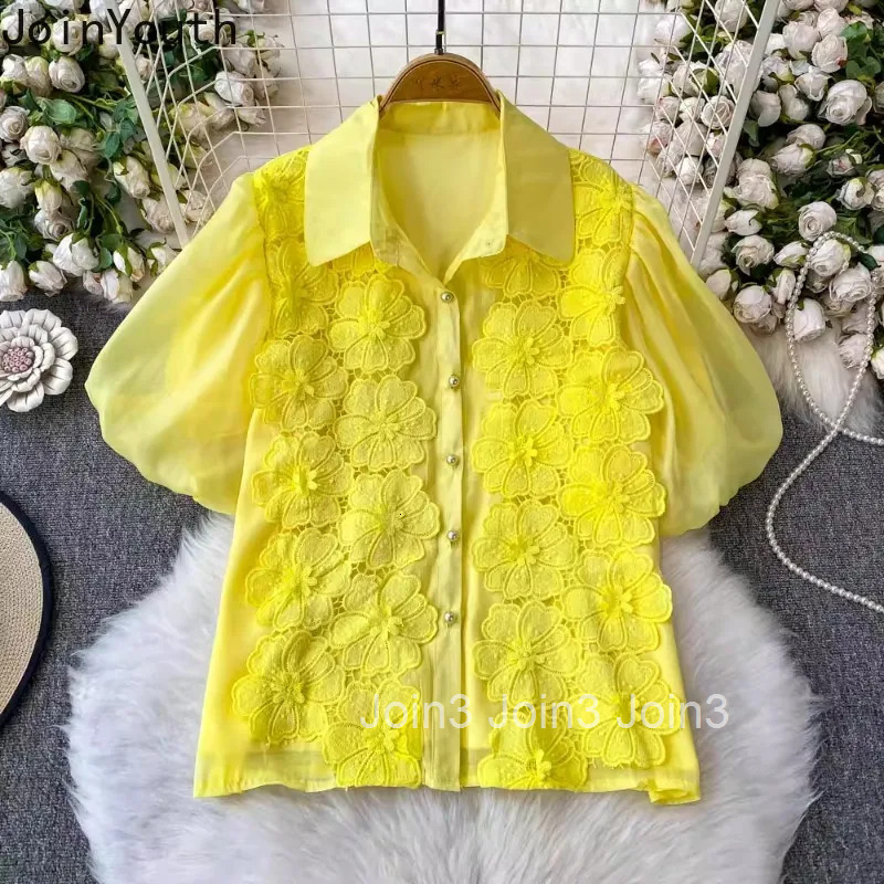 Camisas De Mujer White Blouse for Women 2025 Lace Floral Embroidery Short Sleeve Shirts Vintage Loose Summer Blouses Tops Female