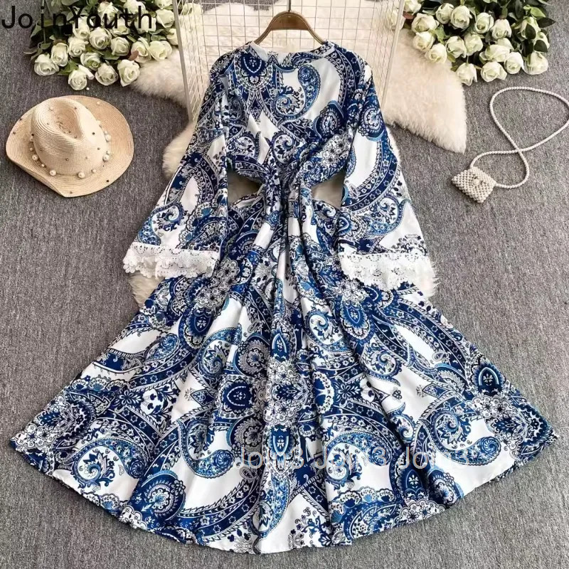 Temperament Floral Robe Femme Vintage Maxi Dresses for Women 2025 Vestidos De Mujer V-neck Flare Sleeve A-line Slim Waist Dress