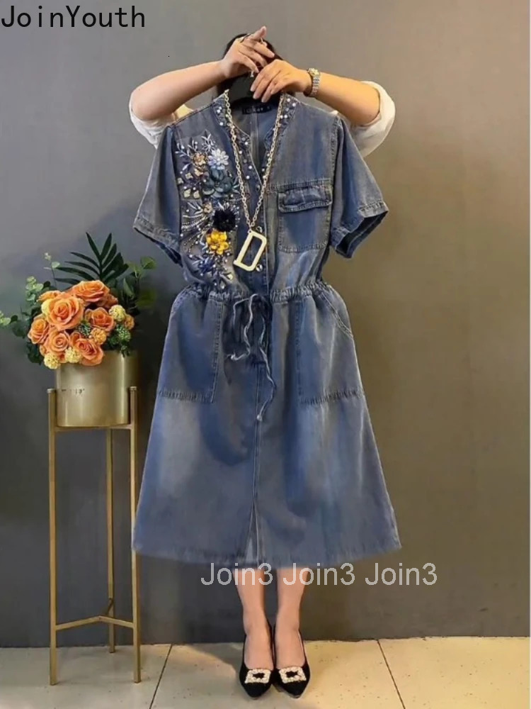 Vintage Denim Dresses for Women Heavy Beading Slim Waist Robe Femme 2025 Vestidos De Mujer Fashion Casual Summer Oversized Dress