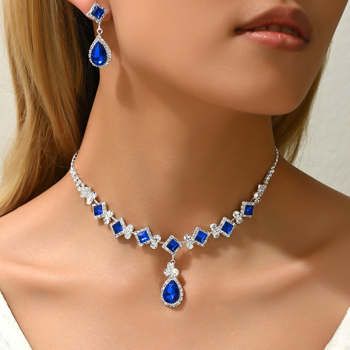 Blue Square Water Drop Necklace Simple Light Design Earrings Personality Jewelry Set For Women
