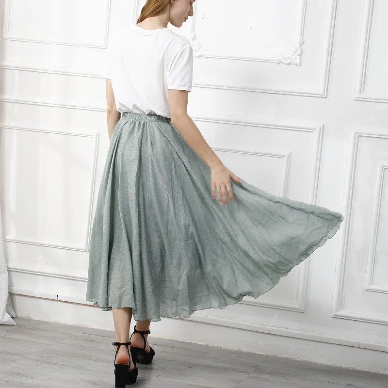 High Quality Cotton Linen Maxi Skirt Womens Casual Elastic High Waist Pleated A-Line Beach Skirts Boho Saia Feminina Faldas Jupe 250619