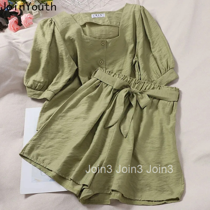 Summer Two Piece Sets 2025 Womens Clothing Square Collar Puff Sleeve Blouse Highi Waist Wide Leg Pants Outfits Temperament Set