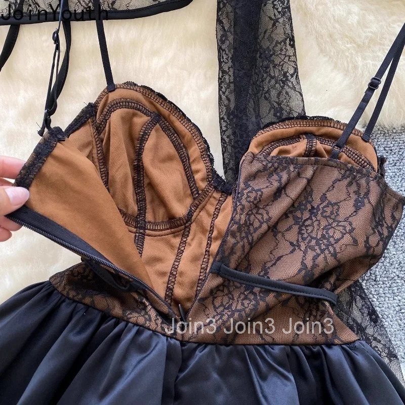 Dress Outfits Women Clothing Lace See Through Tops Tunic Bandage A-line Sweet Dresses Suit Fashion Summer Korean 2 Piece Sets