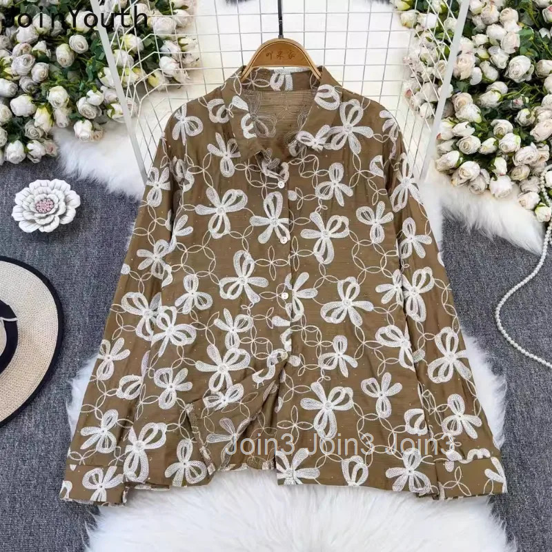 Blouses for Women Long Sleeve Heavy Diamond Embroidery Shirts 2025 Blusas Mujer De Moda Loose Vintage Fashion Korean Blouse Tops
