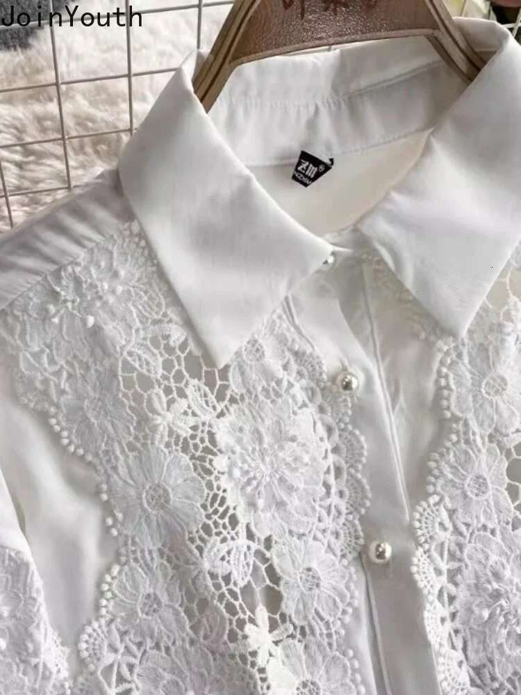 Women Clothing Temperament 2 Piece Sets Long Sleeve Loose Blouses Elastic High Waist Wide Leg Pants Outfits Hollow Out Lace Suit