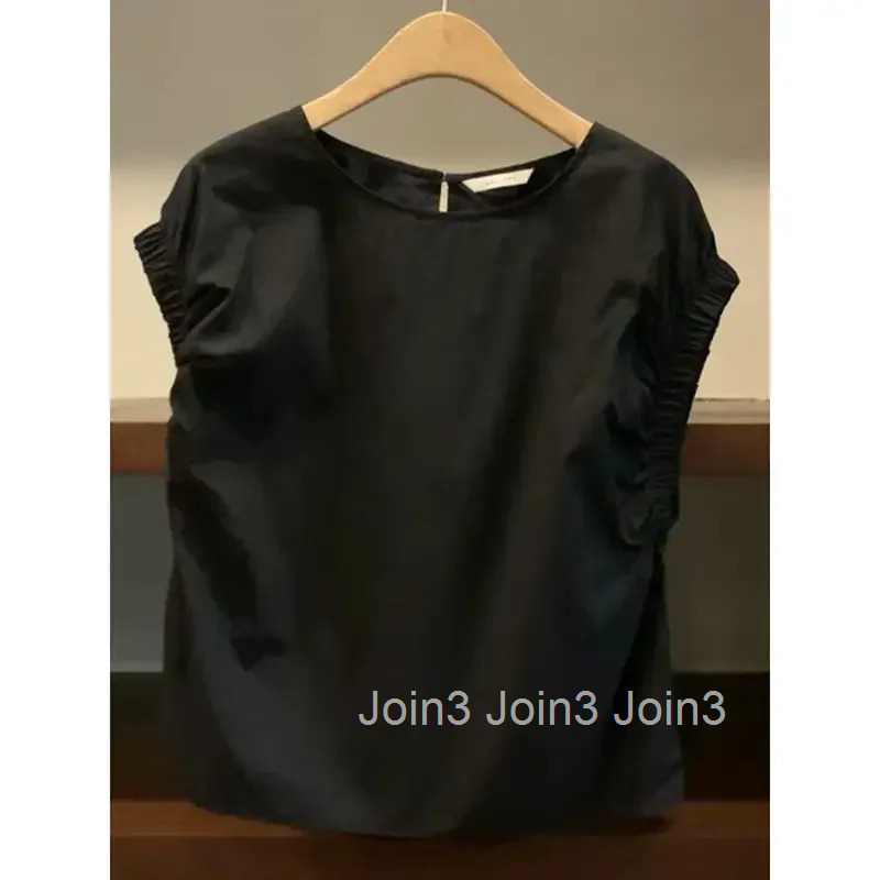 Black Womens Shirt Slim Waist O-neck Sleeveless Blouses Camisas De Mujer Summer Temperament Tops Vintage Folds Korean Blouse