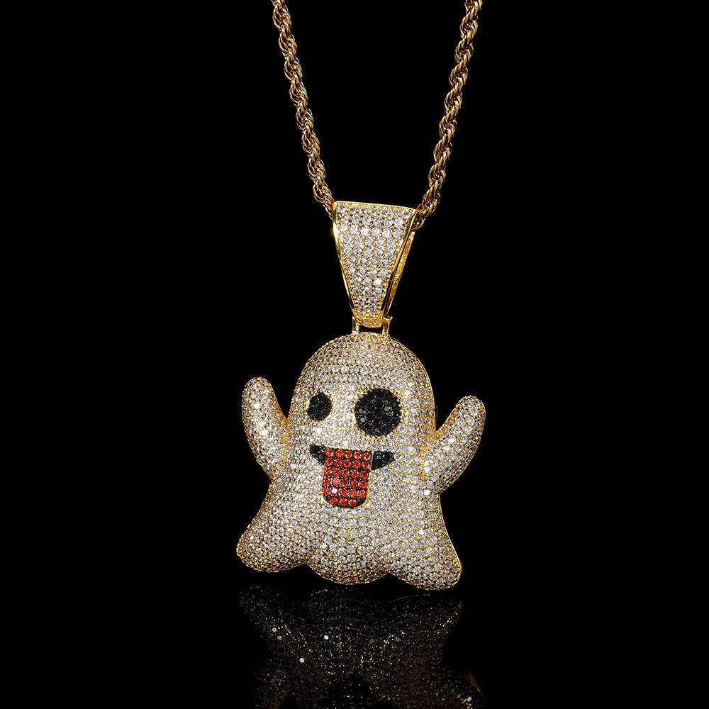 Large Tongue Out Funny Face Ghost Pendant Micro Paved Zircon Trendy Hip Hop Necklace Jewelry 525c