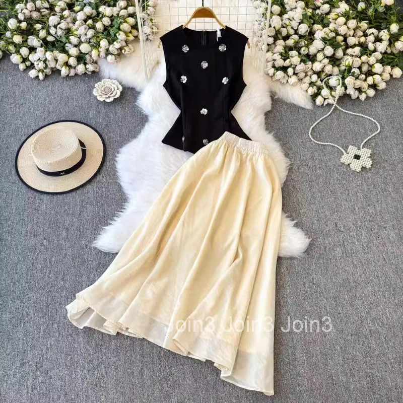 Summer Women Clothing Skirt Suit Two Piece Set 3D Floral Sleeveless Vest High Waist Loose Skirts Outfits Temperament Summer Sets
