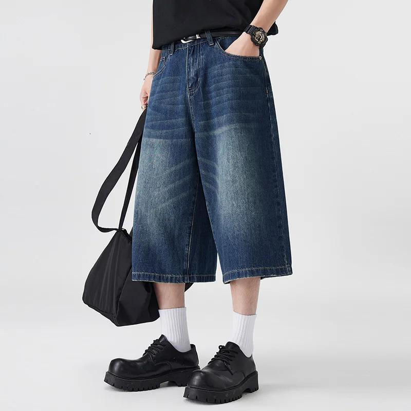 Mens Non-Elastic Denim Seven-Five Shorts Loose Wide Leg Fit Versatile Simple Style Casual Shorts 250617