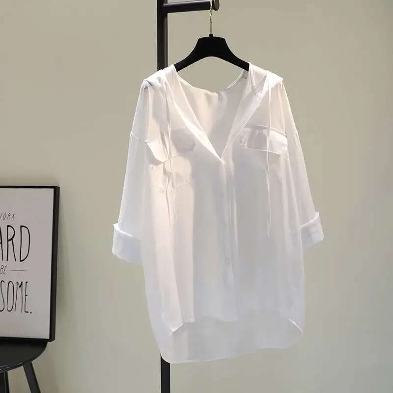 White Hooded Blouses 2025 Womens Clothing Pocket Long Sleeve Casual Oversized Tops Sun Protection Shirt Summer Camisas Mujer