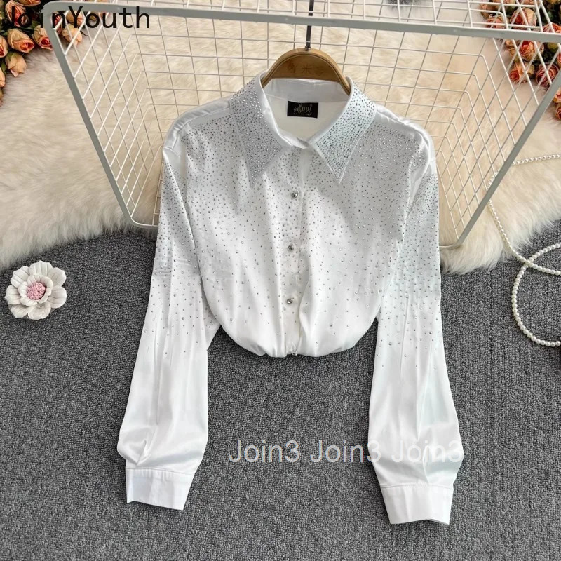 Camisas De Mujer White Blouses for Women Fashion Diamond Single Breasted Loose Tops Vintage Korean Temperament Blouse Shirts