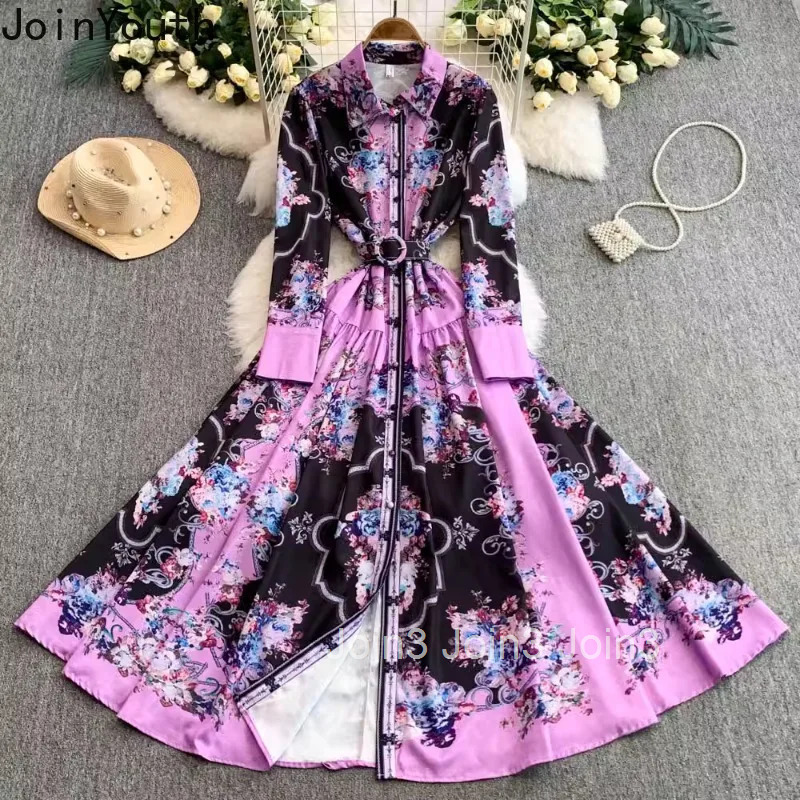 Maxi Dresses Women Clothing 2025 Vestidos De Mujer Single Breasted Floral Big Swing Robe Femme High Waist Vintage Summer Dress