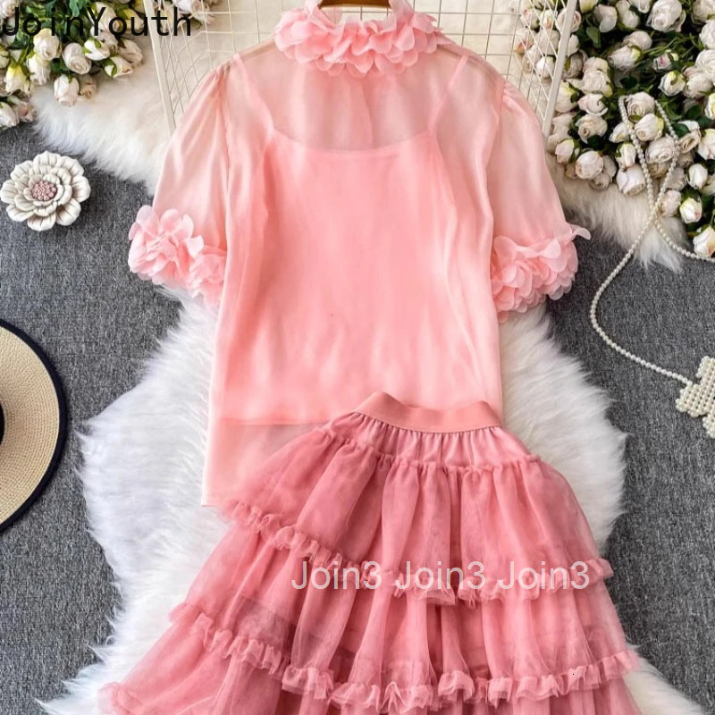 3 Piece Sets Women Clothing Skirt Outfits Floral Stand Neck Shirt Slim Fit Vest Ruffles Sweet Skirt Suit Chic Korean Summer Set