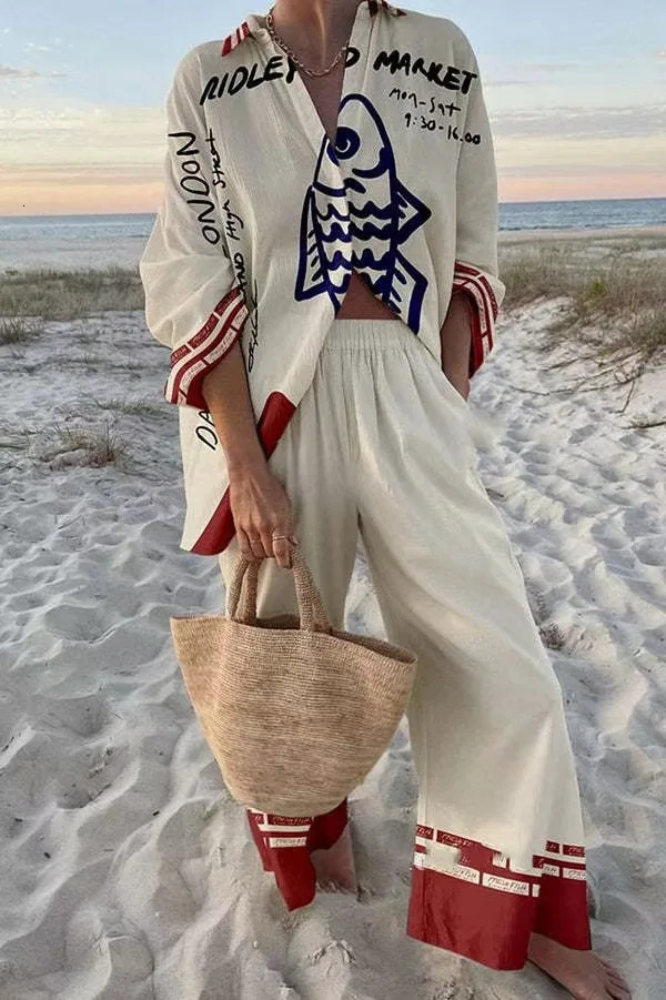 Fashion Casual Printed 2 Piece Set Loose Lapel Long Sleeve Button Shirt High Waist Wide Leg Pants Suit Spring Vacation Style 250617