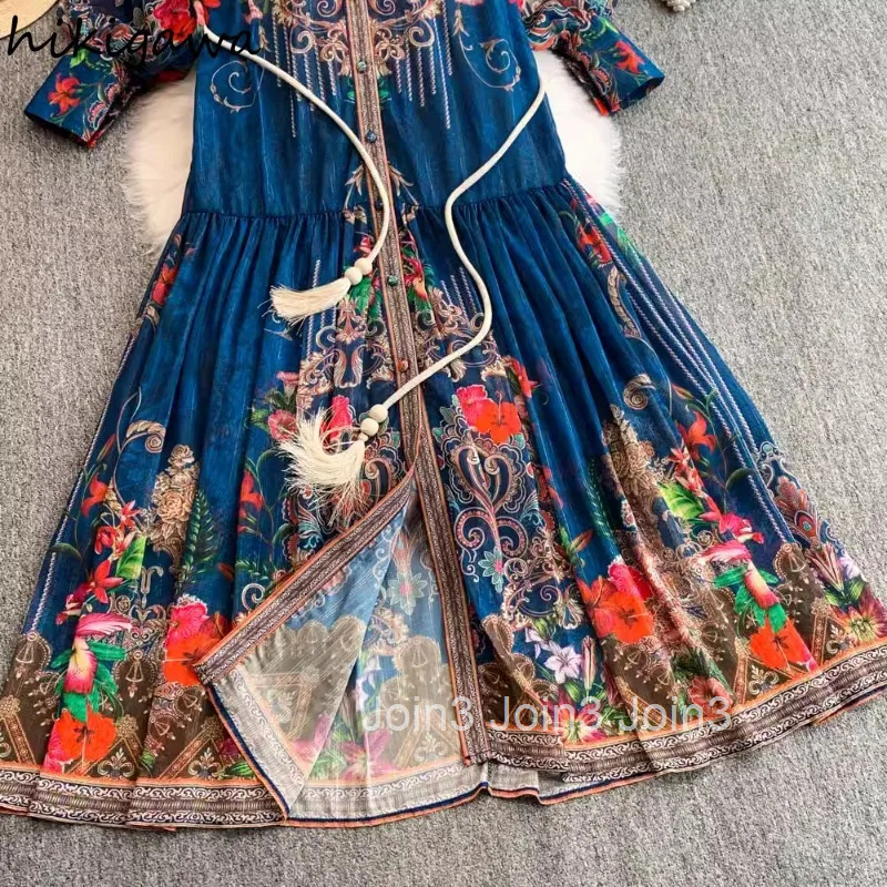 Elegant Pleated Woman Dress Women Clothing Stand Neck Lantern Sleeve Slim Waist Print Robe Femme Big Swing Vintage Maxi Dresses