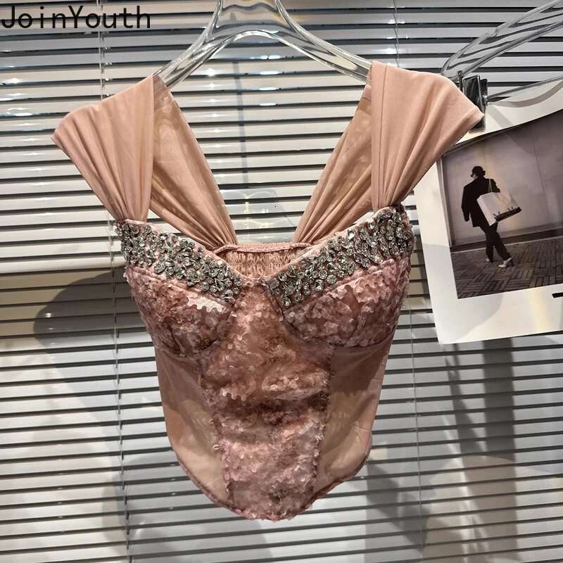 Womens Clothing Crop Tops Sexy Vest Temperament Camis Gauze Bandage Slim Waist Folds Diamond Tanks Fashison Summer Y2k Tops