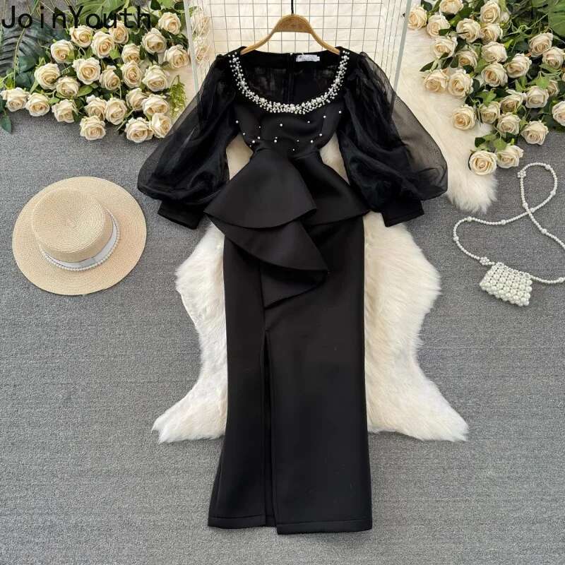 Temperament Robe Femme Party Dresses for Women Gauze Lantern Sleeve Square Collar Beading Split Dress 2025 Vestidos De Mujer