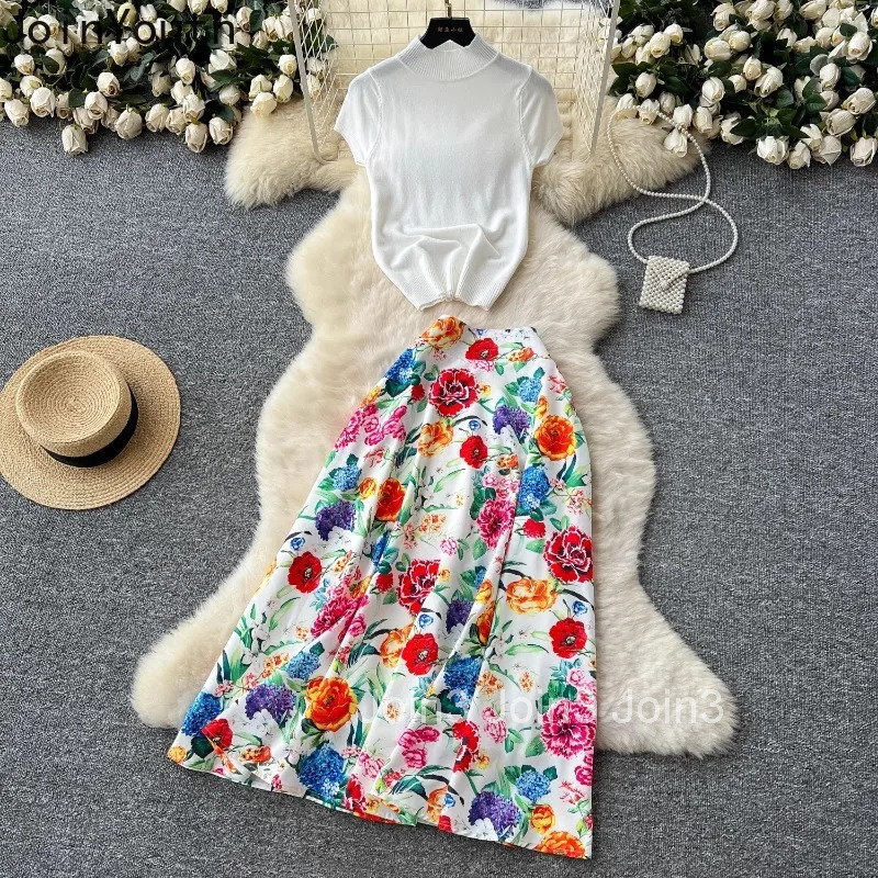 Sweet Women Clothes Skirt Outfits 2 Piece Sets Knitted Short Sleeve Tops High Waist A-line Floral Skirts Suit Fashion Summer Set