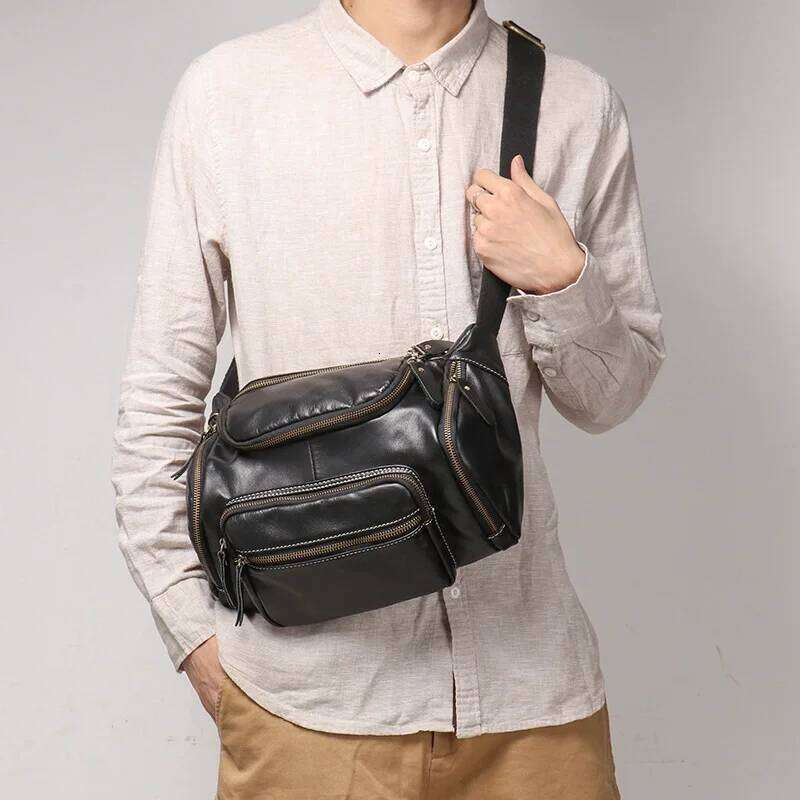 Designer Luxury LUOKIR Genuine Men's Chest Large Capacity Oil Leather Waist Bag, Sports Cowhide Shoulder Crossbody Bag