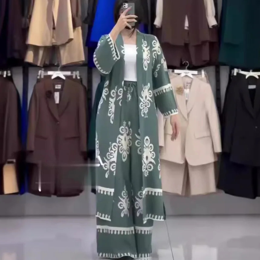 Eid Muslim Suits Women Print Blouses Wide Leg Pants Set Two Piece Musulman Ensemble Dubai Arabic Morocco Islam Casual Ramadan 250617