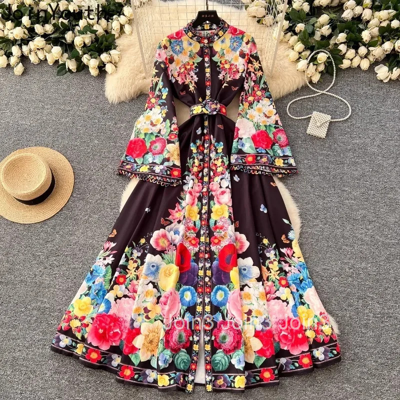 Vintage Floral Dresses for Women Flare Sleeve Slim Waist Single Breasted Robe Femme Vestidos De Mujer Elegant Summer Maxi Dress