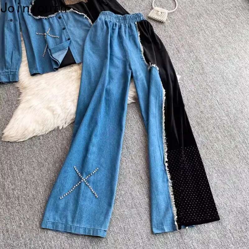Chic Wome Two Piece Set Roupas Femme Y2k Clothes Patchwork Denim Long Sleeve Shirt High Waist Straight Wide Leg Pants Outfits