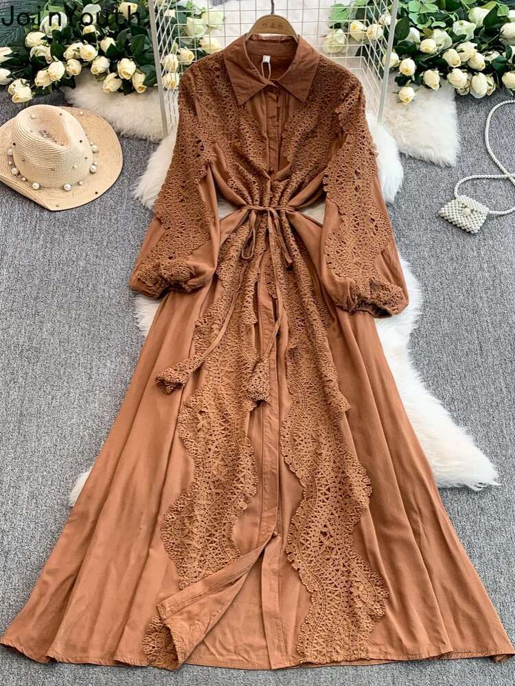 Elegant Dresses Women Single Breasted Slim Waist Temperament Robe Femme Patchwork Lace Hollow Out Dress 2025 Vestidos De Mujer
