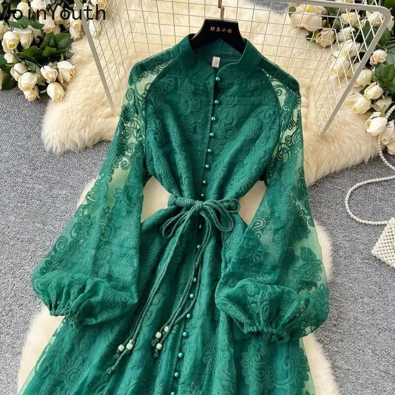 Stand Neck Single Breasted Dress Women Clothing Lantern Sleeve Lace Gauze Maxi Dresses Heavy Embroidery Temperament Robe Femme