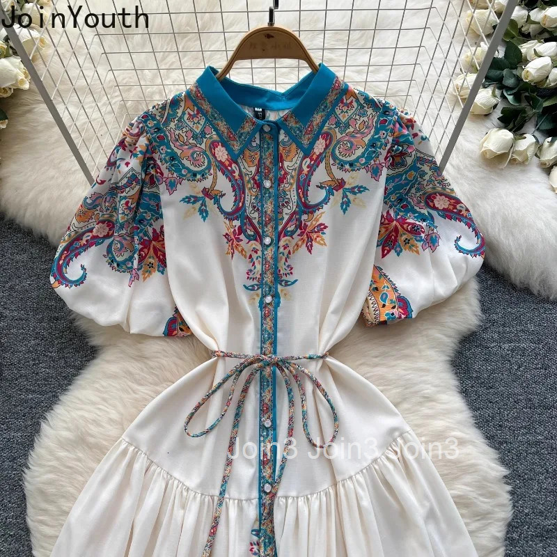 2025 Vestidos De Mujer Floral Short Sleeve Dresses Women Slim Waist Single Breasted A-line Robe Femme Vintage Summer Maxi Dress
