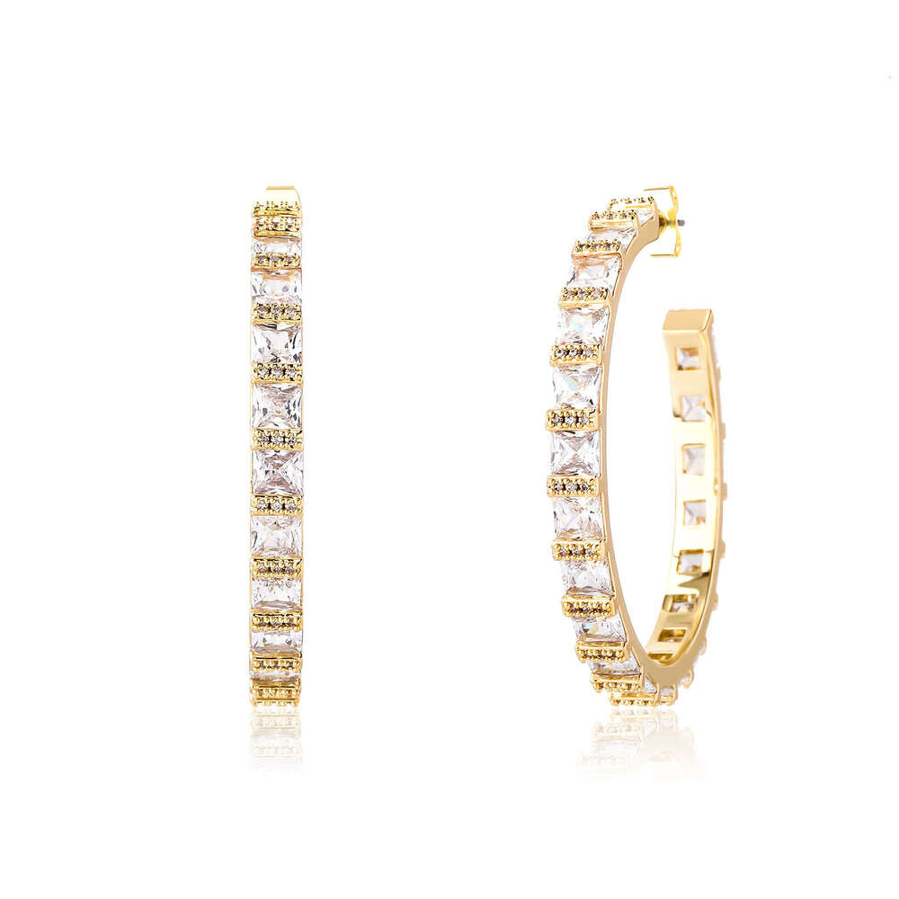 Star Style C-Shaped Simple Super Shiny Square Dia Elegant Trendy Hoop Fashion Socialite Gold Australian Earrings