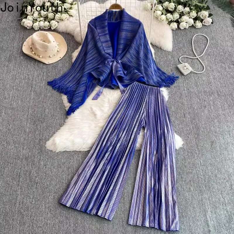 Two Piece Sets Womens Outfits Bandage Tassel Slim Waist Coat High Waist Pleated Wide Leg Pants Suit Roupas Femme Fashion Set