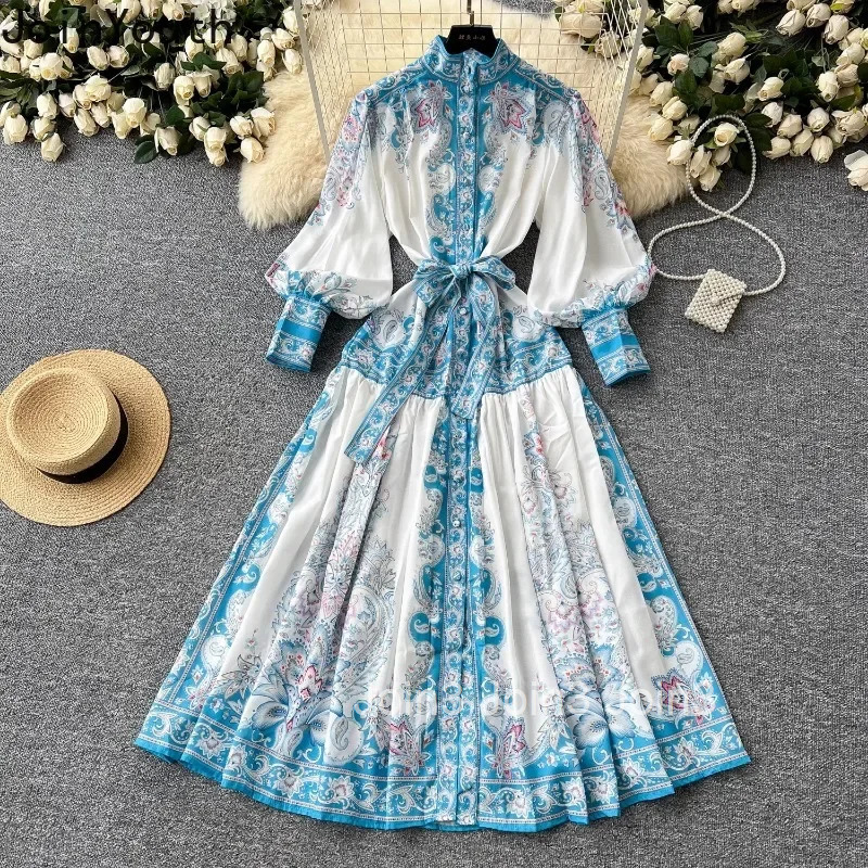 Vintage Dress Womens Clothing Stand Neck Lantern Sleeve Slim Waist Single Breasted Robe Femme Floral Summer Loose Maxi Dresses