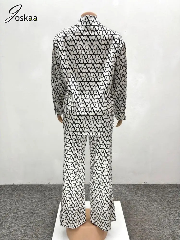 Joskaa Print 2 Piece Sets Women Hipster Lapel Full Sleeve Oversized Blouse and Wide Leg Pants Matching 2025 Y2K Streetwear 250617