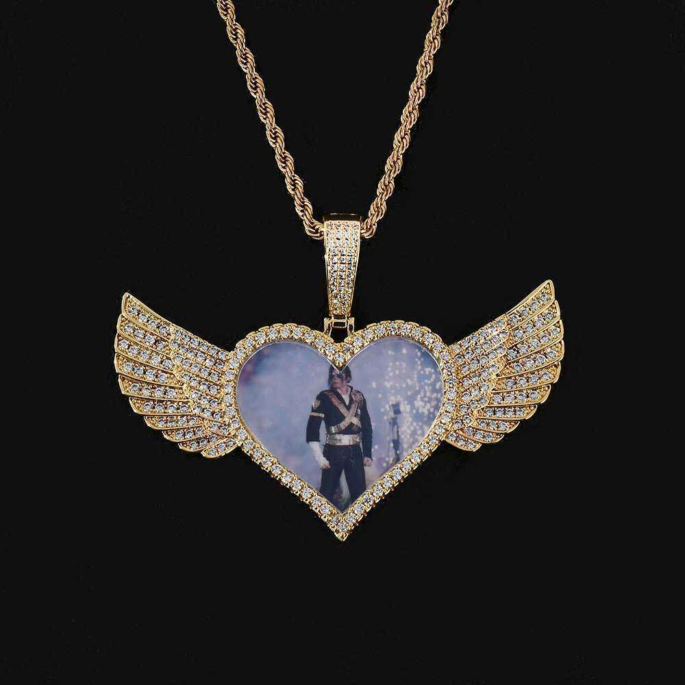 Hot Selling Hip-Hop Pendant Copper Inlaid Dia Heart Wings Zircon Solid Memory Photo Frame Necklace 4fbc
