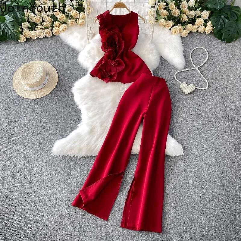 Fashion 2 Piece Set Women Clothing Sleeveless V-neck Ruffles Vest High Waist Wide Leg Pants Suit Temperament Korean Summer Suit