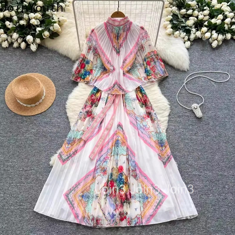 2025 Vestidos De Mujer Vintage Maxi Dresses for Women Slim Waist Bandage Temperament Floral Robe Femme Big Swing Pleated Dress