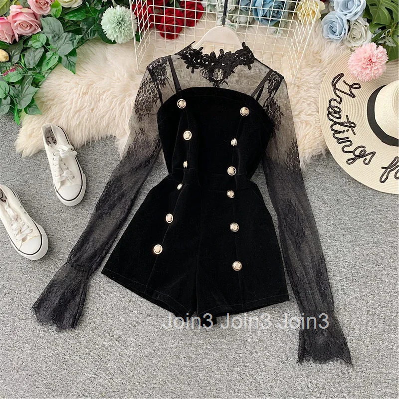 Temperament Bodysuits 2025 Women Clothing Tunic Fashion Patchwork Jumpsuit 2025 Ropa Mujer Double-breasted Black Velvet Rompers