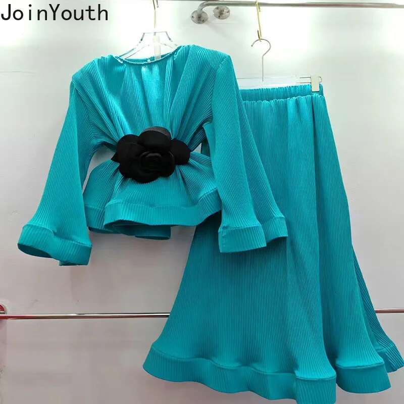 Skirt Outfits Summer Two Piece Sets Women Clothing Flare Sleeve 3D Floral Ruffles Tops Bodycon Skirt Suit Chic Korean Chic Set